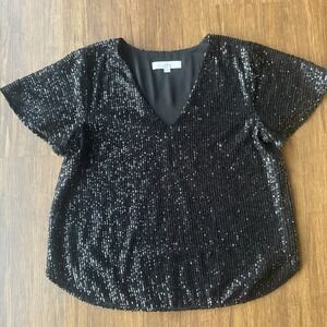 LOFT Sequin Top Black V-Neck Blouse Womens Medium Flutter Short Slv Party Fancy